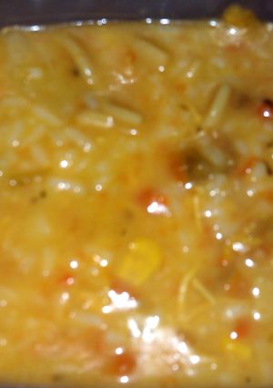 A picture of chicken noodle stew.