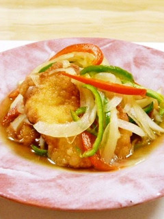A picture of Tender Deep-Fried Yuzu Pepper Flavored Nanban Chicken Breasts.