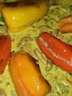 A picture of Sig's Stuffed Sweet Pepper in a Creamy Dhal Sauce.