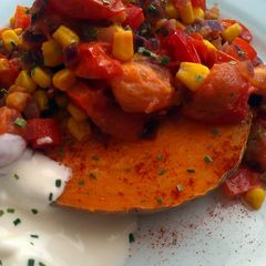 A picture of Vickys Sweet Potatoes with Smoky Tomato Filling, GF DF EF SF NF.