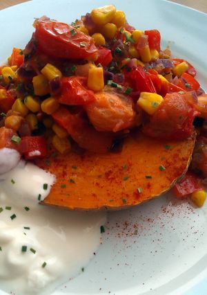 A picture of Vickys Sweet Potatoes with Smoky Tomato Filling, GF DF EF SF NF.