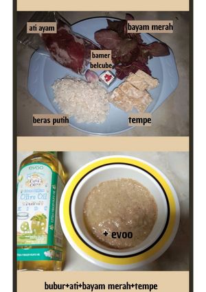 Foto resep Bubur Ati Ayam with Bayam Merah mix Tempe (Mpasi 7m+)
