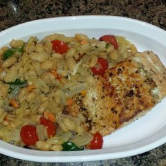 A picture of Salmon with white beans.