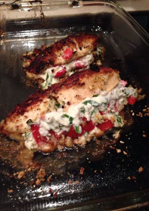 A picture of Panko Crusted Chicken Stuffed W/ Ricotta, Spinach, Tomato & Basil.
