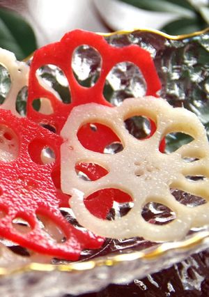 A picture of For Osechi and Special Occasions: Vibrant Red and White Vinegar-Pickled Lotus Root.