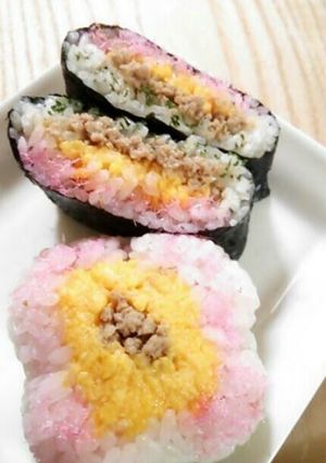 A picture of 4-Color Chicken Soboro Onigiri Sandwiches.