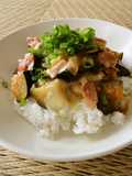 Rice Bowl with Aubergine, Bacon and Melting Cheese