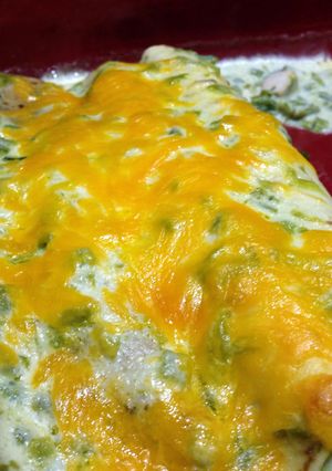A picture of Chicken Enchiladas with Green Chile Sour Cream Sauce.