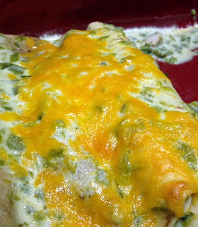 A picture of Chicken Enchiladas with Green Chile Sour Cream Sauce.