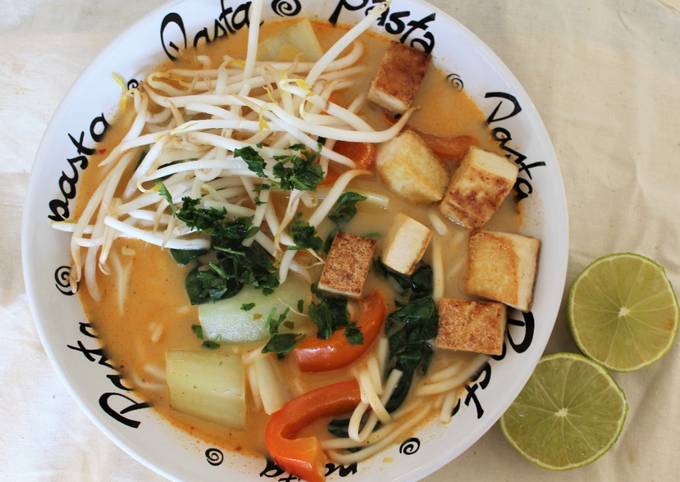 Thai Red Curry Noodle Soup with Crispy Tofu