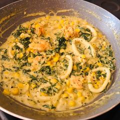 Creamy Prawn & Calamari with Swiss Chard and Sweet Corn A picture of Creamy Prawn & Calamari with Swiss Chard and Sweet Corn.