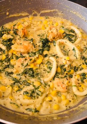 A picture of Creamy Prawn & Calamari with Swiss Chard and Sweet Corn.