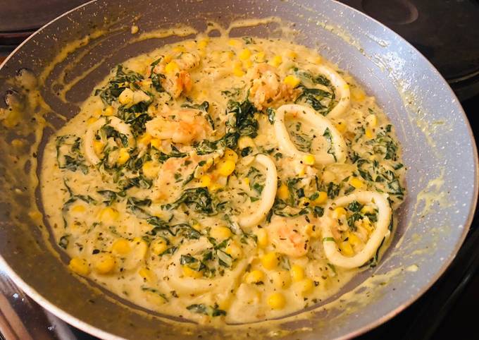 Creamy Prawn & Calamari with Swiss Chard and Sweet Corn