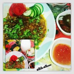 A picture of Black paper turee Sabzi salan with chatni achar salad & lassi.