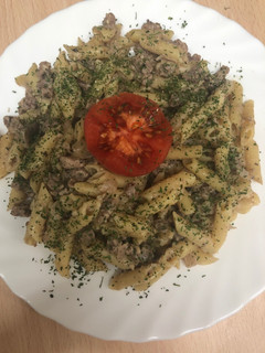 Una foto de 133. Macarrones con salsa de soja texturizada (principal pasta)