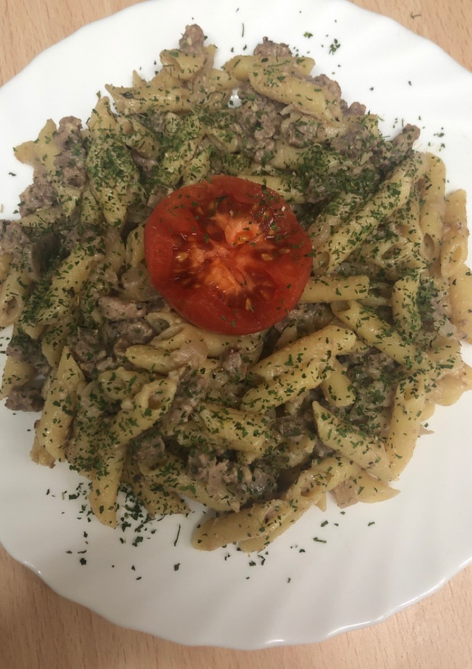 Una foto de 133. Macarrones con salsa de soja texturizada (principal pasta)