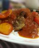 Pork Sirloin Steak With Tomato Pasta Sauce On Rice