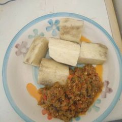 Yam and garden egg sauce A picture of Yam and garden egg sauce.
