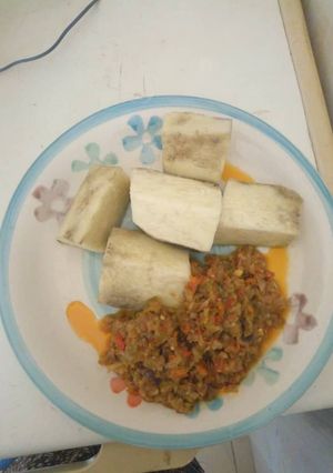 A picture of Yam and garden egg sauce.