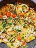 Pollo cremoso con porcini, broccoli e pomodorini