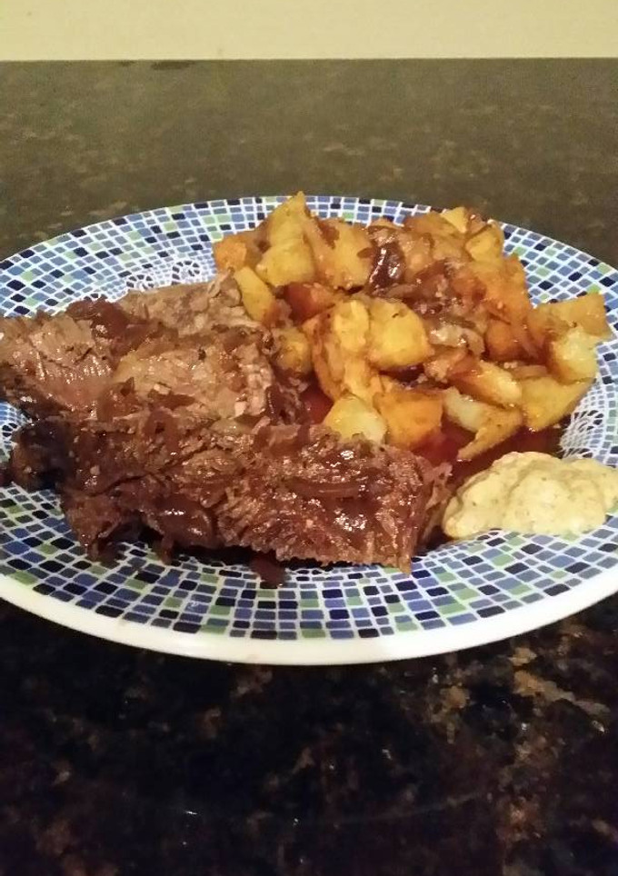 A picture of Brad's beef braised in stout with sweet potato and parsnip medly.