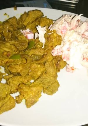A picture of Fried Pork and Colslaw salad.