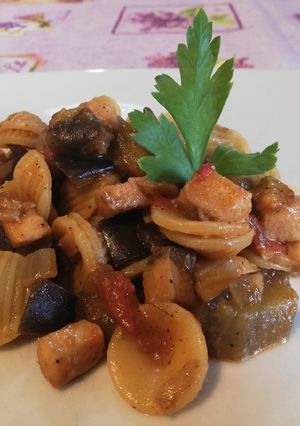 A picture of Orecchiette with Eggplant, Fresh Tomatoes, and Swordfish.
