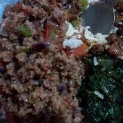 A picture of Fried Minced meat, spinach with rice.