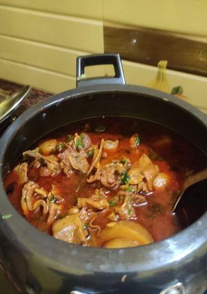 A picture of Mutton aloo Curry desi style.