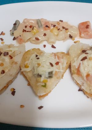 A picture of My Version Of Chifferi Heart Shaped Discs (Vegetarian) With Mayo - Tomato Dip.
