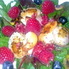 A picture of Sig's scallops and rasberry vinaigrette salad.