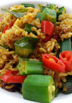 A picture of Okra In Tumeric Vegan Fried Rice.