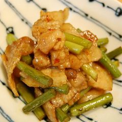 A picture of Pork Belly and Garlic Shoot Spicy Stir-Fry.