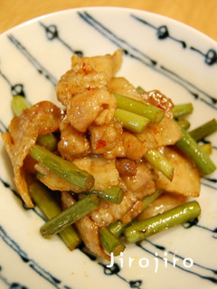 A picture of Pork Belly and Garlic Shoot Spicy Stir-Fry.