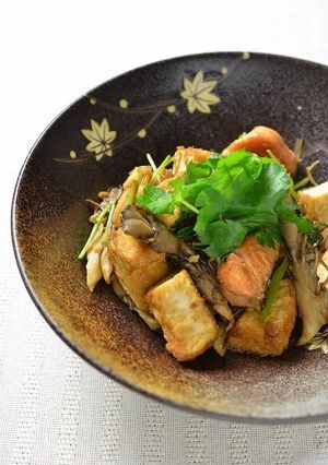 A picture of Sauted Autumn Salmon, Mushrooms and Atsu-age Tofu with Soy Sauce.