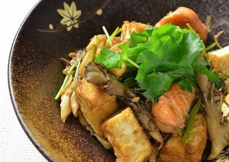 Recipe of Favorite Sauted Autumn Salmon, Mushrooms and Atsu-age Tofu with Soy Sauce