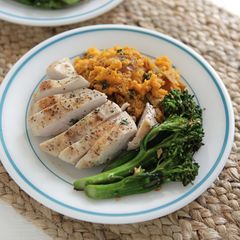 A picture of Chicken Breasts, Sorghum Sweet Potatoes, and Young Broccoli with Chipotle Orange Salt.