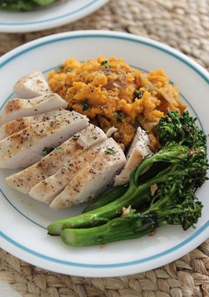 A picture of Chicken Breasts, Sorghum Sweet Potatoes, and Young Broccoli with Chipotle Orange Salt.