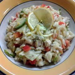 A picture of Lemon Orzo Veggie Salad with Chicken.