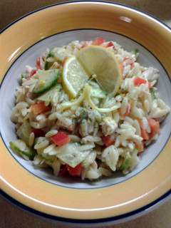 A picture of Lemon Orzo Veggie Salad with Chicken.