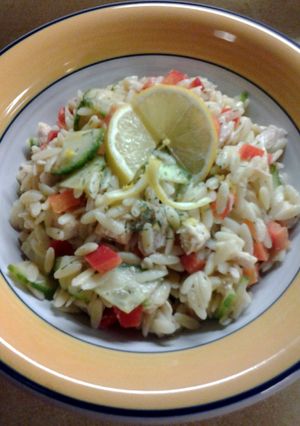 A picture of Lemon Orzo Veggie Salad with Chicken.
