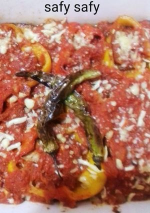 A picture of Eggplant Casserole with Freekeh, Bell Peppers, and Cheese.
