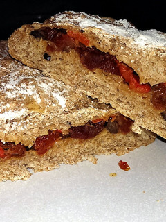 A picture of Sophie's Olive, roasted pepper and sundried tomato stuffed bread.