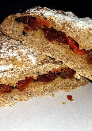 A picture of Sophie's Olive, roasted pepper and sundried tomato stuffed bread.