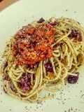 Pesto Cranberries Almond Spaghetti with Bolognese on Top