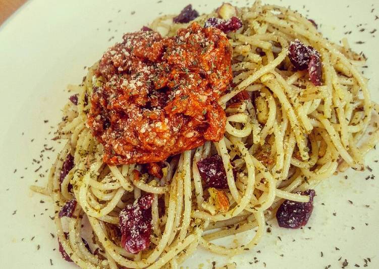 You Do Not Have To Be A Pro Chef To Start Pesto Cranberries Almond Spaghetti with Bolognese on Top