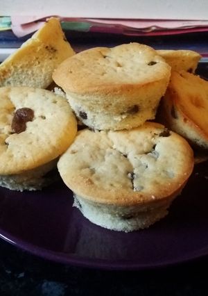 A picture of Choc chip muffin with marsbar centre.