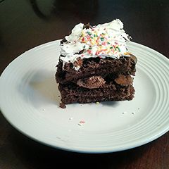 A picture of Chocolate Sheet Cake with Whipped cream Toppings.