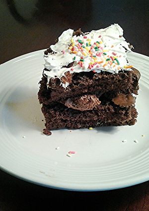 A picture of Chocolate Sheet Cake with Whipped cream Toppings.