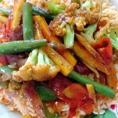 A picture of TOMATOES RICE & SWEET VEGIES.